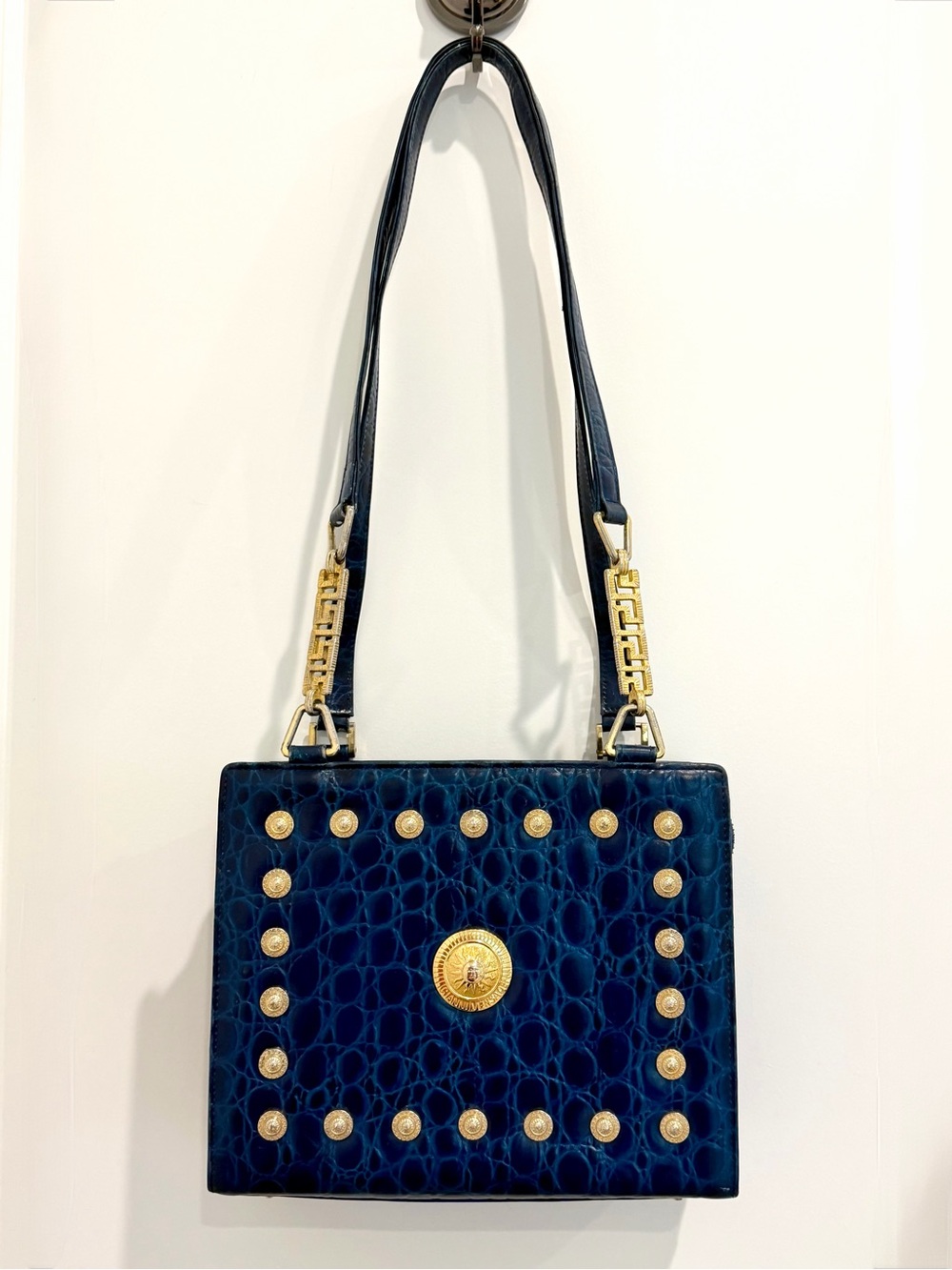 Vintage Gianni Versace Blue Croc Embossed Leather Medusa Handbag 1990s